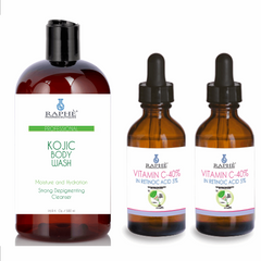 Concentrate of Kojic Acid Body Wash Scrub 16oz Plus 2- 60ml Vitamin C-40 Serum